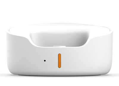 Single white charging base with a curved design, black dot, and orange vertical indicator on the front.