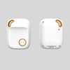 Two white rectangular personal alarm devices with orange accents, showing front SOS button and back view.