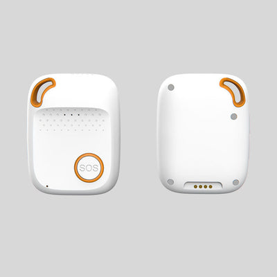 Two white rectangular personal alarm devices with orange accents, showing front SOS button and back view.