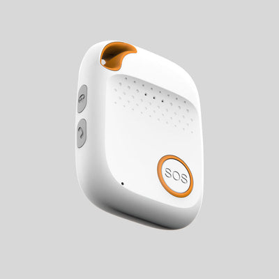 White and orange rectangular personal alarm device with an SOS button and two side buttons, shown on grey background.