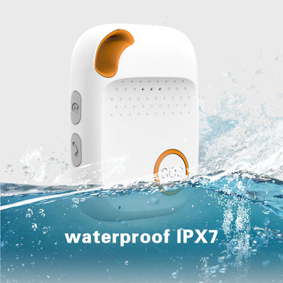 White and orange rectangular personal alarm device with buttons, partially submerged in splashing water.