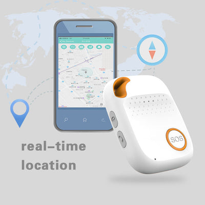 White and orange personal alarm device with SOS button, shown next to a smartphone displaying a map.