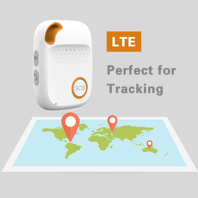White and orange personal alarm device with SOS button next to a world map with location pins.