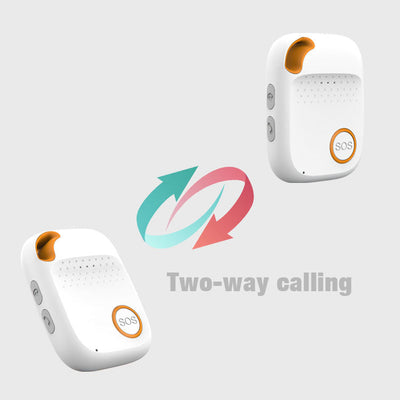 Two white personal alarm devices with orange accents, each showing an SOS button and side buttons on a plain background.