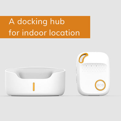 One white docking hub and one white personal alarm device with orange accents on a plain background.