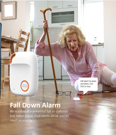 Elderly woman on floor with a walking cane, reaching for a small white SOS alarm device in a kitchen.