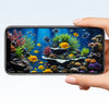 A hand holds a smartphone displaying a vibrant aquarium scene with colorful fish and corals.