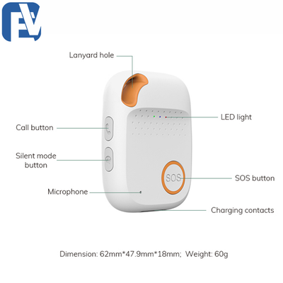 White and orange rectangular mobile alarm device with labeled buttons and features on a plain background.