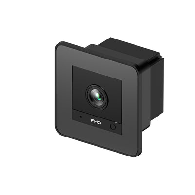 Square black macro camera with a central lens and "FHD" label on a plain white background.