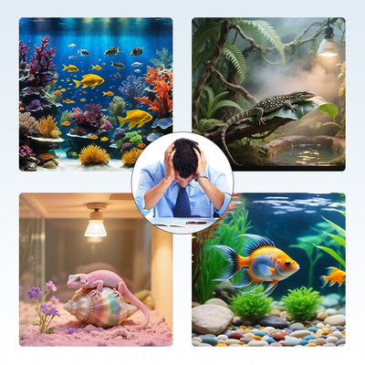 Four images show aquariums, reptiles, a gecko in a terrarium, and a stressed man holding his head.