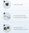 Three-step setup guide showing a black camera, a hand holding a phone, and adding device by QR code.