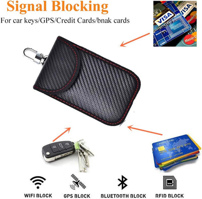 A single black signal-blocking pouch with red stitching, metal clip, and a textured surface on a white background.