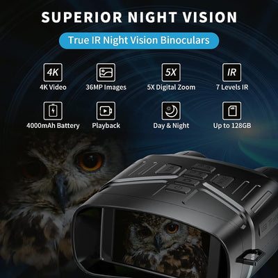 (Black & White) 4K Night Vision Binoculars with Large Screen & Rechargeable Lithium Battery