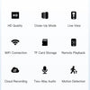 Nine black icons on a white background showing camera features: HD, close-up, live view, WiFi, TF card, remote playback, cloud, audio, motion.