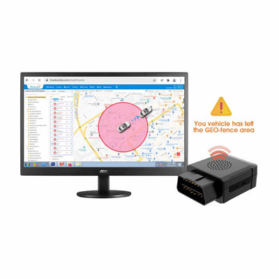 Jimi 4G Mini OBD GPS Multi Alert Tracker (JM-VL04) in Black - Front View showing vehicle has left the GEO fence area - The Spy Store